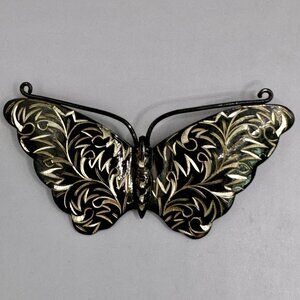 Japanese Black Enamel Engraved Butterfly Brooch Sterling Silver Damascene Style
